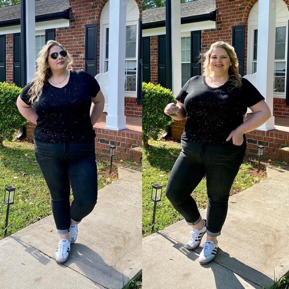 Plus Size Womens Summer V-Neck Tops Short Sleeve Glitter Casual T-Shirt - Picture 2 of 4